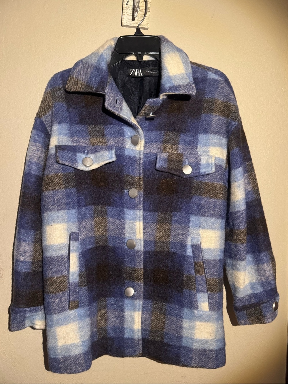 Zara Blue & Cream Plaid Button-Front Pea Coat